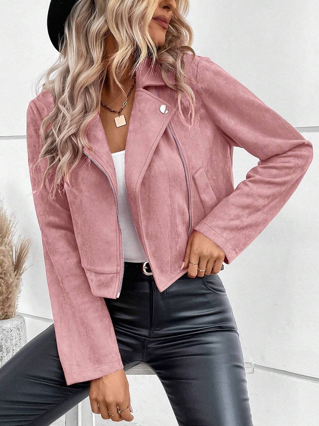 Cocolii court perfecto femme en suedine fermeture éclair poches col revers décontracté veste daim blouson