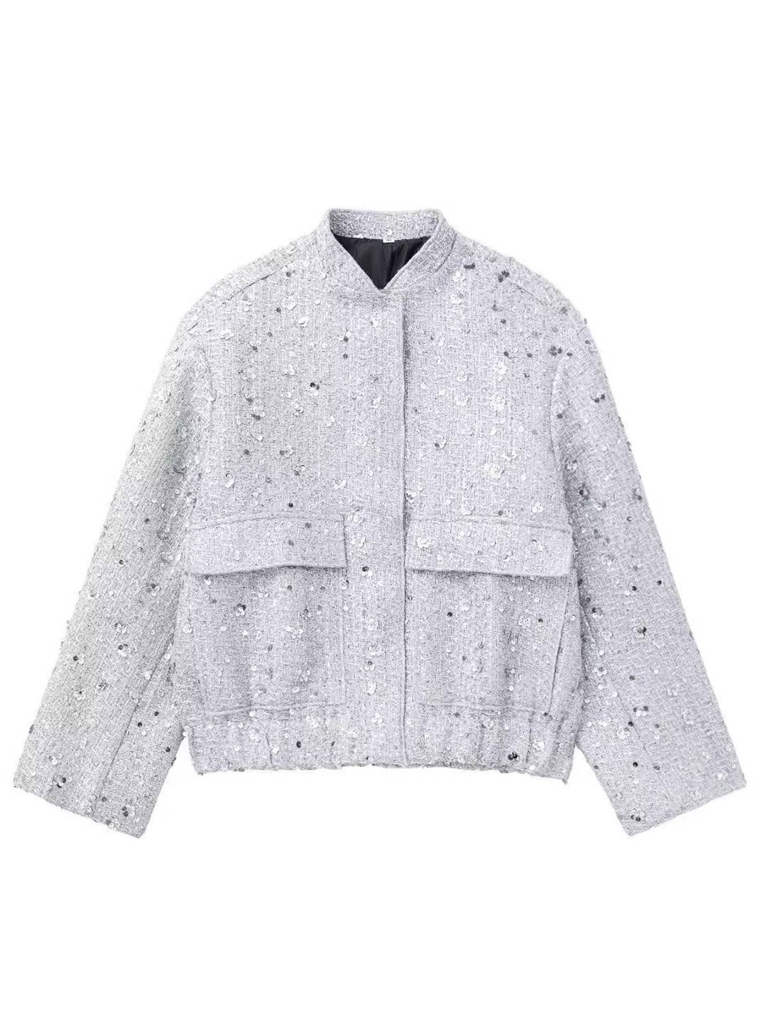 Cocolii bombers veste femme brillante paillette poches col montant manches longues femme vintage décontracté manteau