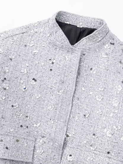 Cocolii bombers veste femme brillante paillette poches col montant manches longues femme vintage décontracté manteau