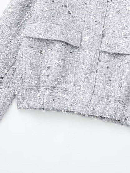 Cocolii bombers veste femme brillante paillette poches col montant manches longues femme vintage décontracté manteau