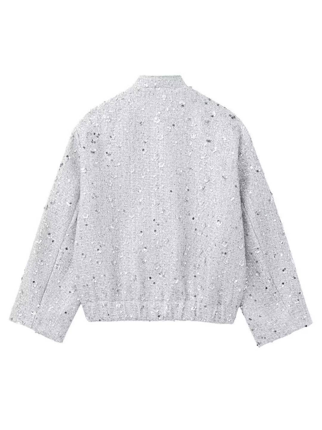 Cocolii bombers veste femme brillante paillette poches col montant manches longues femme vintage décontracté manteau