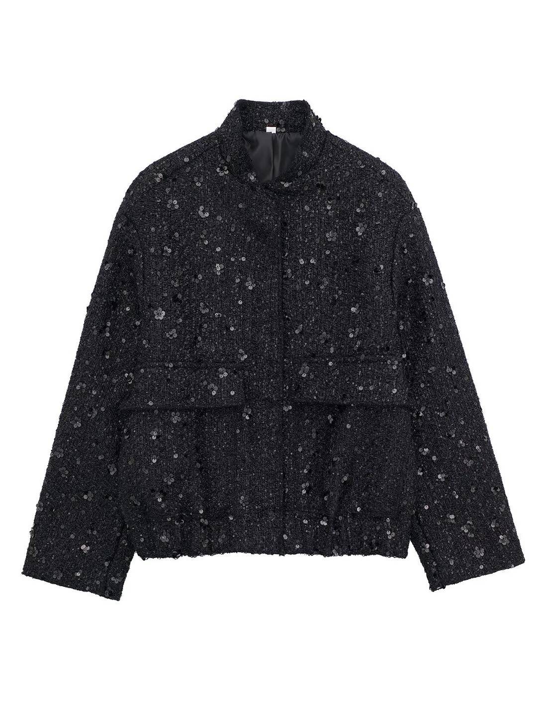 Cocolii bombers veste femme brillante paillette poches col montant manches longues femme vintage décontracté manteau