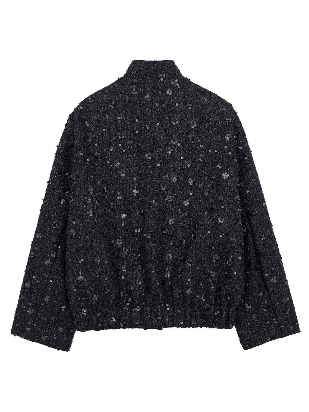 Cocolii bombers veste femme brillante paillette poches col montant manches longues femme vintage décontracté manteau