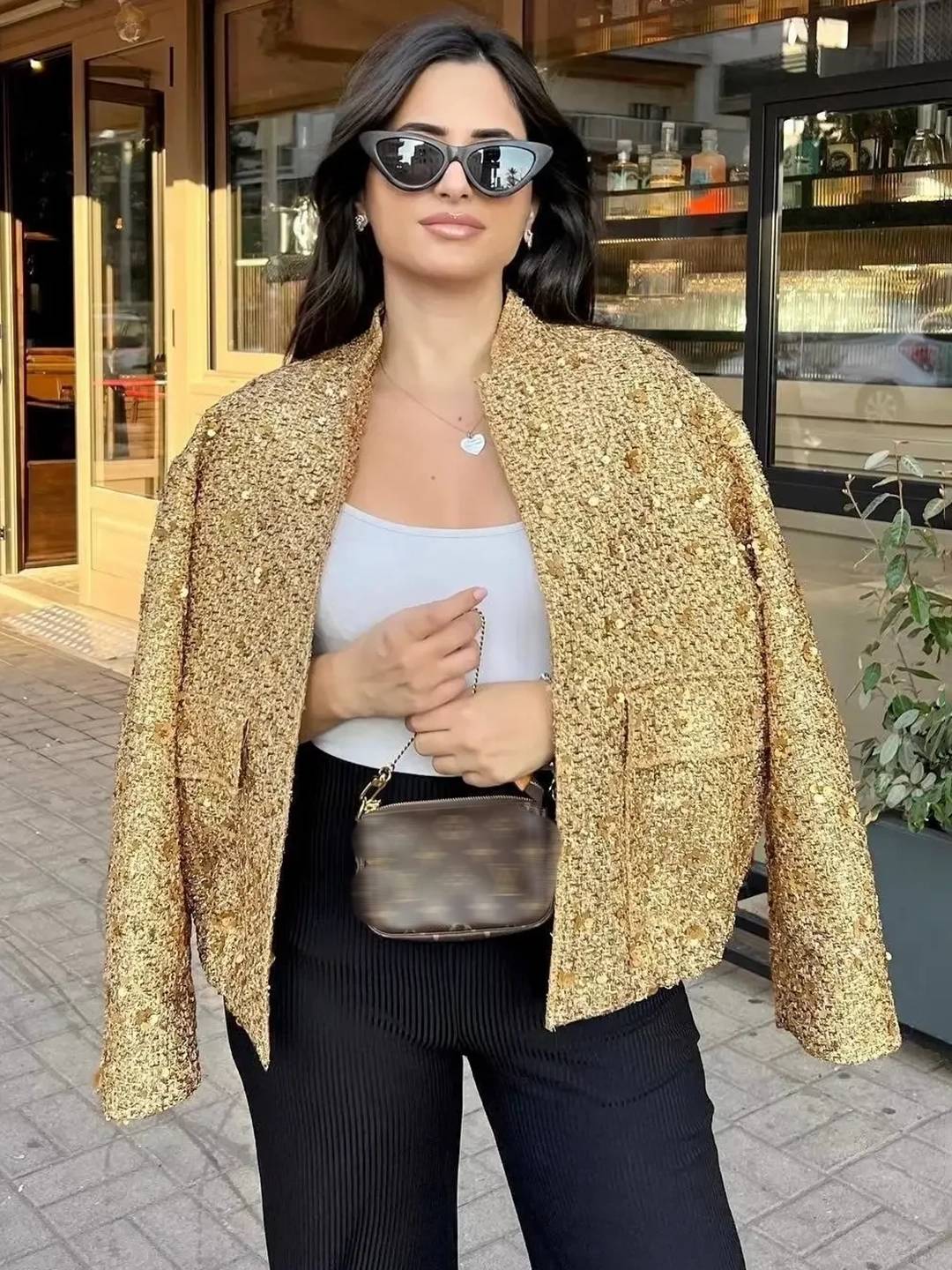 Cocolii bombers veste femme brillante paillette poches col montant manches longues femme vintage décontracté manteau