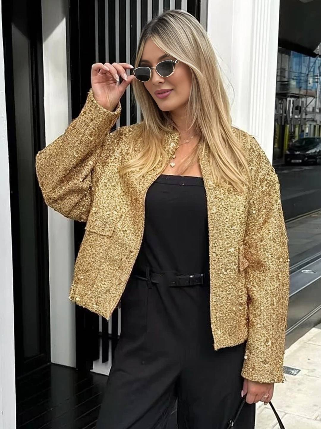 Cocolii bombers veste femme brillante paillette poches col montant manches longues femme vintage décontracté manteau