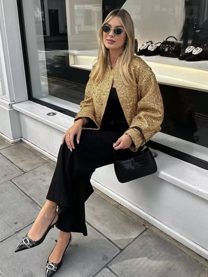 Cocolii bombers veste femme brillante paillette poches col montant manches longues femme vintage décontracté manteau