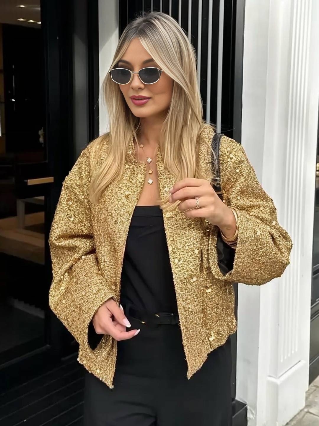 Cocolii bombers veste femme brillante paillette poches col montant manches longues femme vintage décontracté manteau