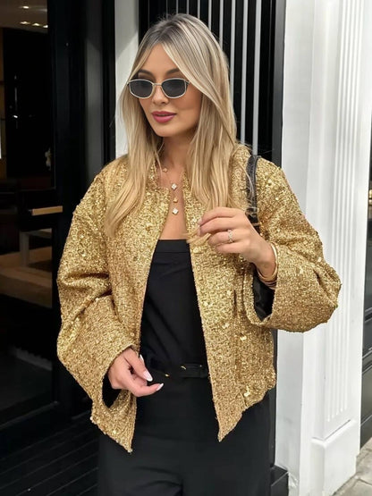 Cocolii bombers veste femme brillante paillette poches col montant manches longues femme vintage décontracté manteau