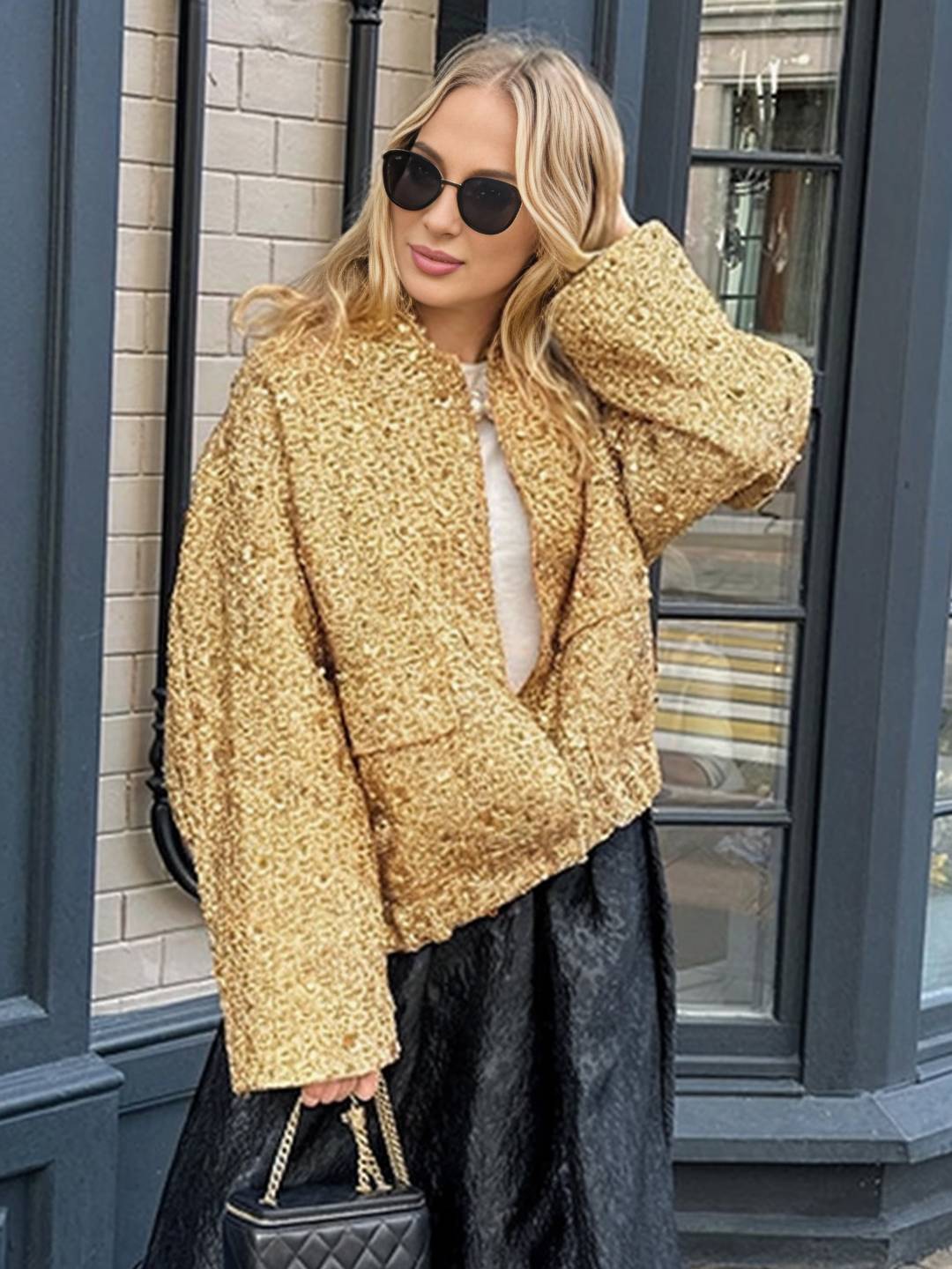 Cocolii bombers veste femme brillante paillette poches col montant manches longues femme vintage décontracté manteau