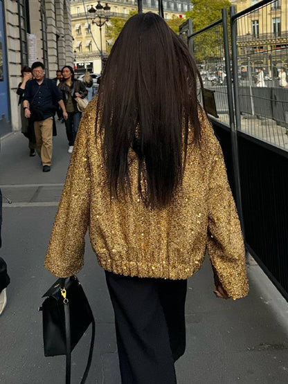 Cocolii bombers veste femme brillante paillette poches col montant manches longues femme vintage décontracté manteau