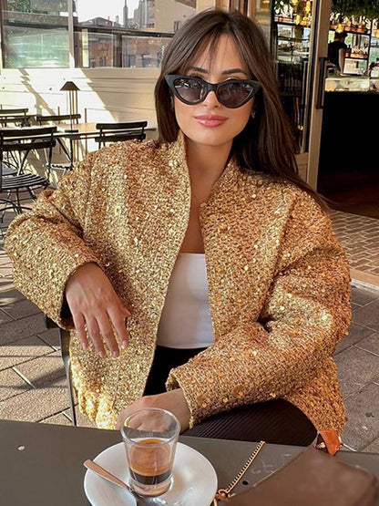 Cocolii bombers veste femme brillante paillette poches col montant manches longues femme vintage décontracté manteau