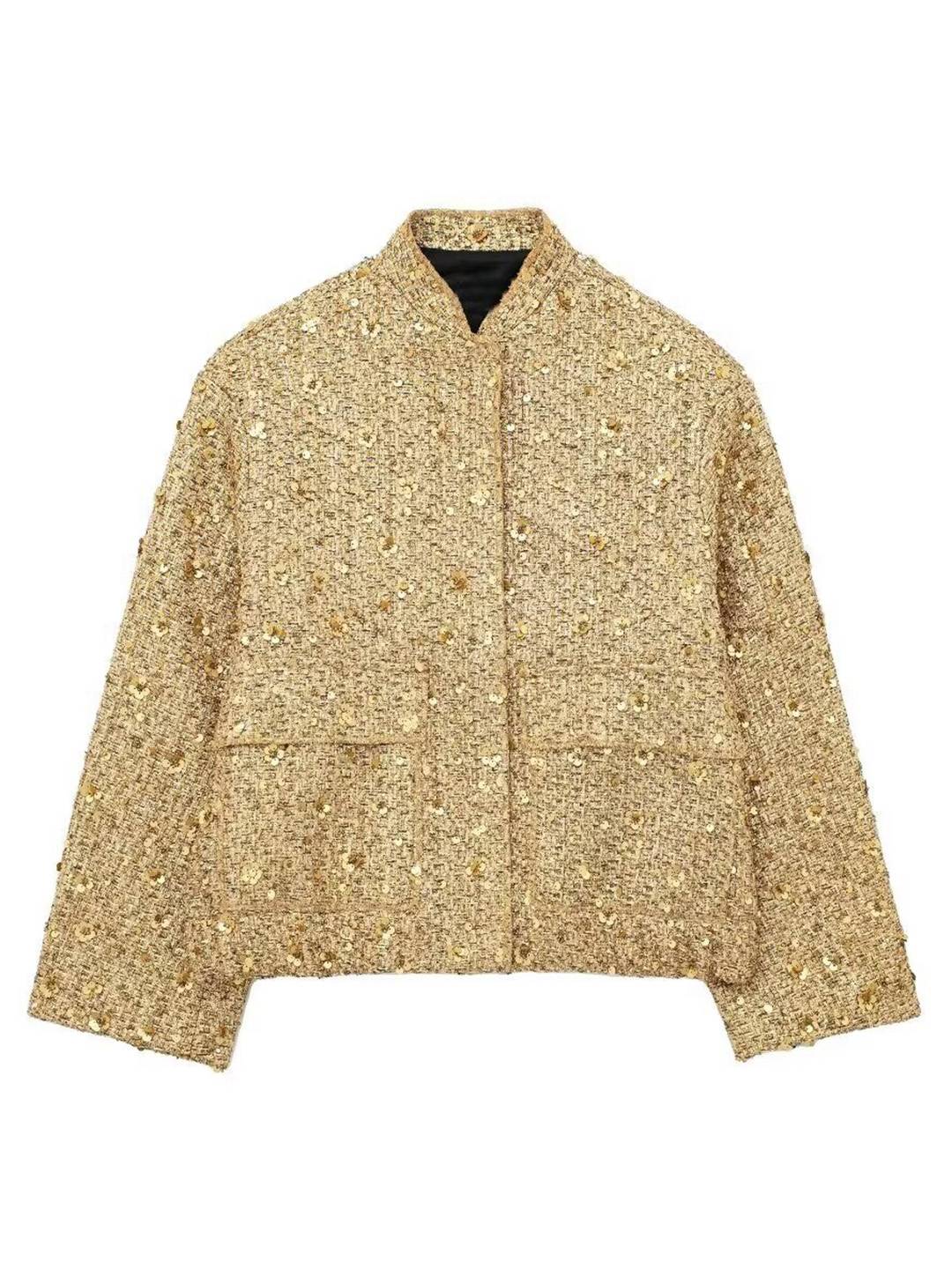 Cocolii bombers veste femme brillante paillette poches col montant manches longues femme vintage décontracté manteau