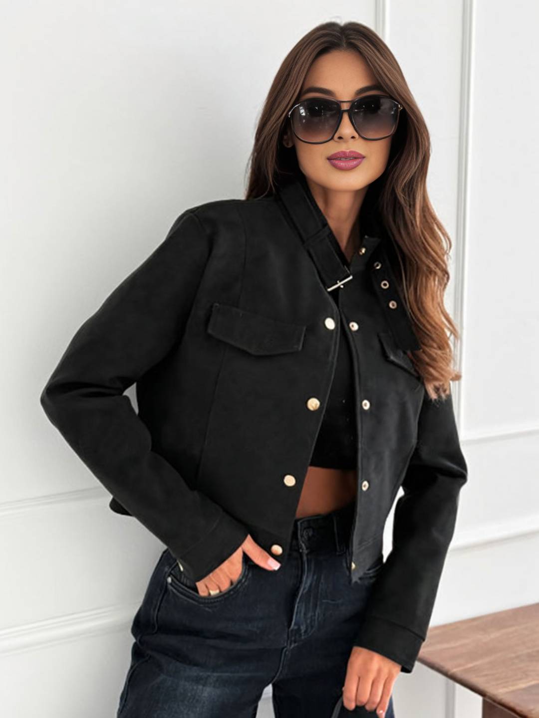 Cocolii court veste en daim femme boutonnage poches chunky buckle manches longues décontracté blouson en suedine