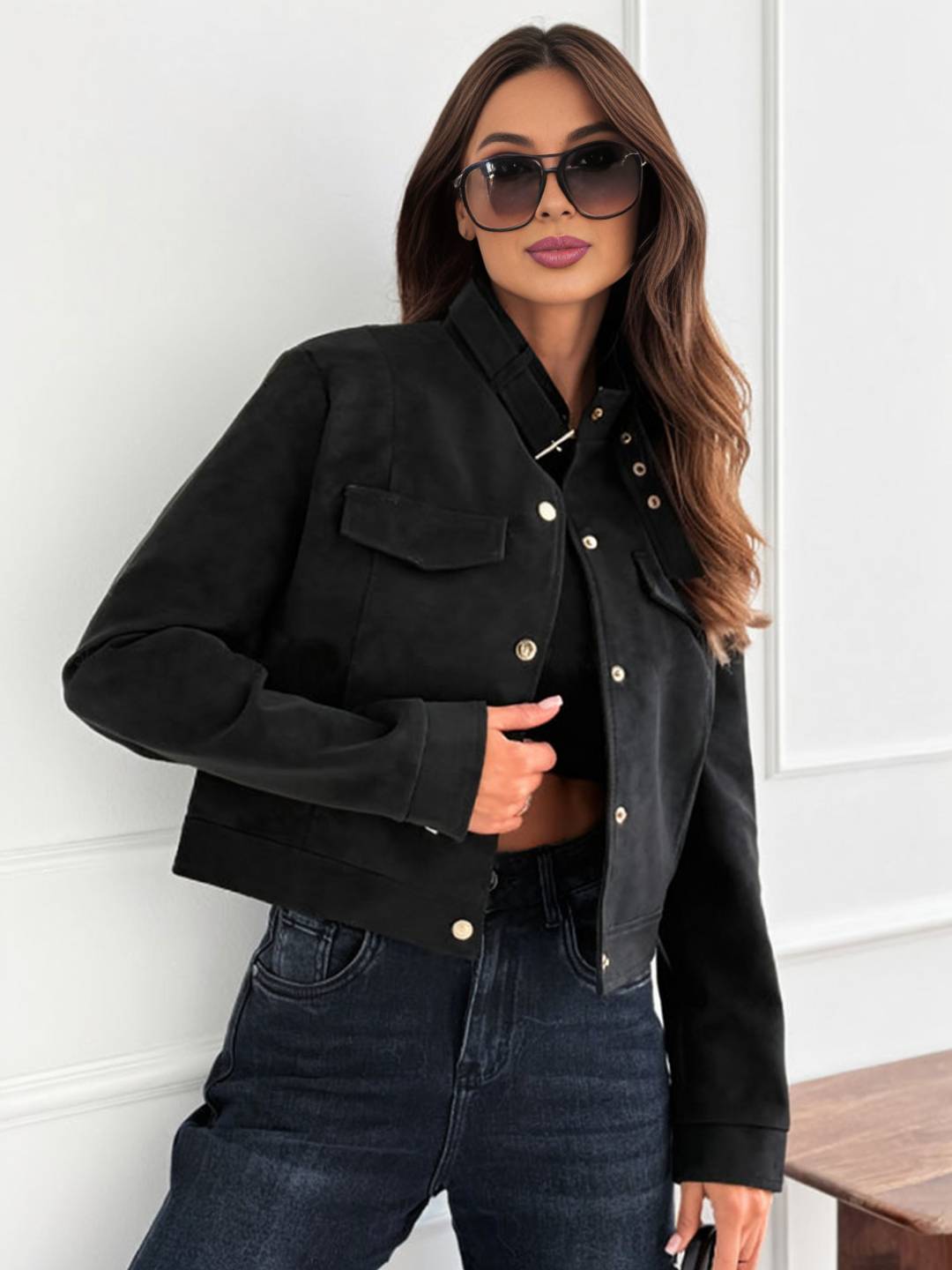 Cocolii court veste en daim femme boutonnage poches chunky buckle manches longues décontracté blouson en suedine