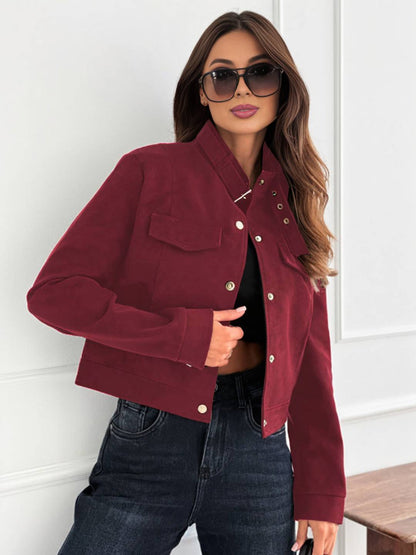 Cocolii court veste en daim femme boutonnage poches chunky buckle manches longues décontracté blouson en suedine