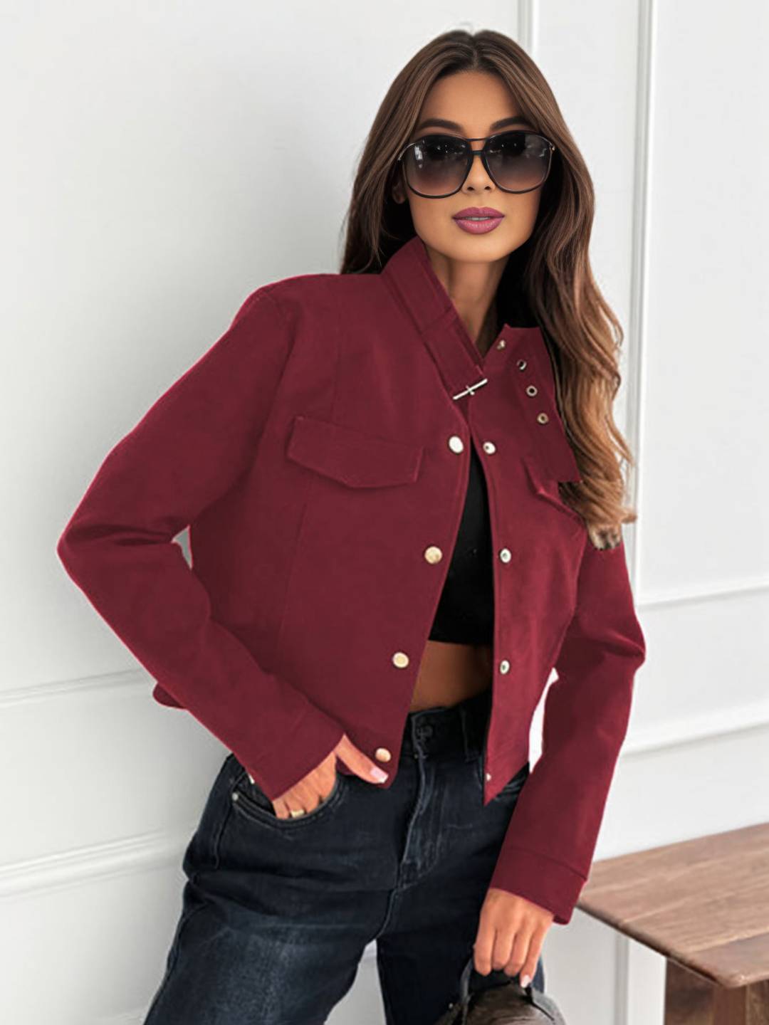 Cocolii court veste en daim femme boutonnage poches chunky buckle manches longues décontracté blouson en suedine