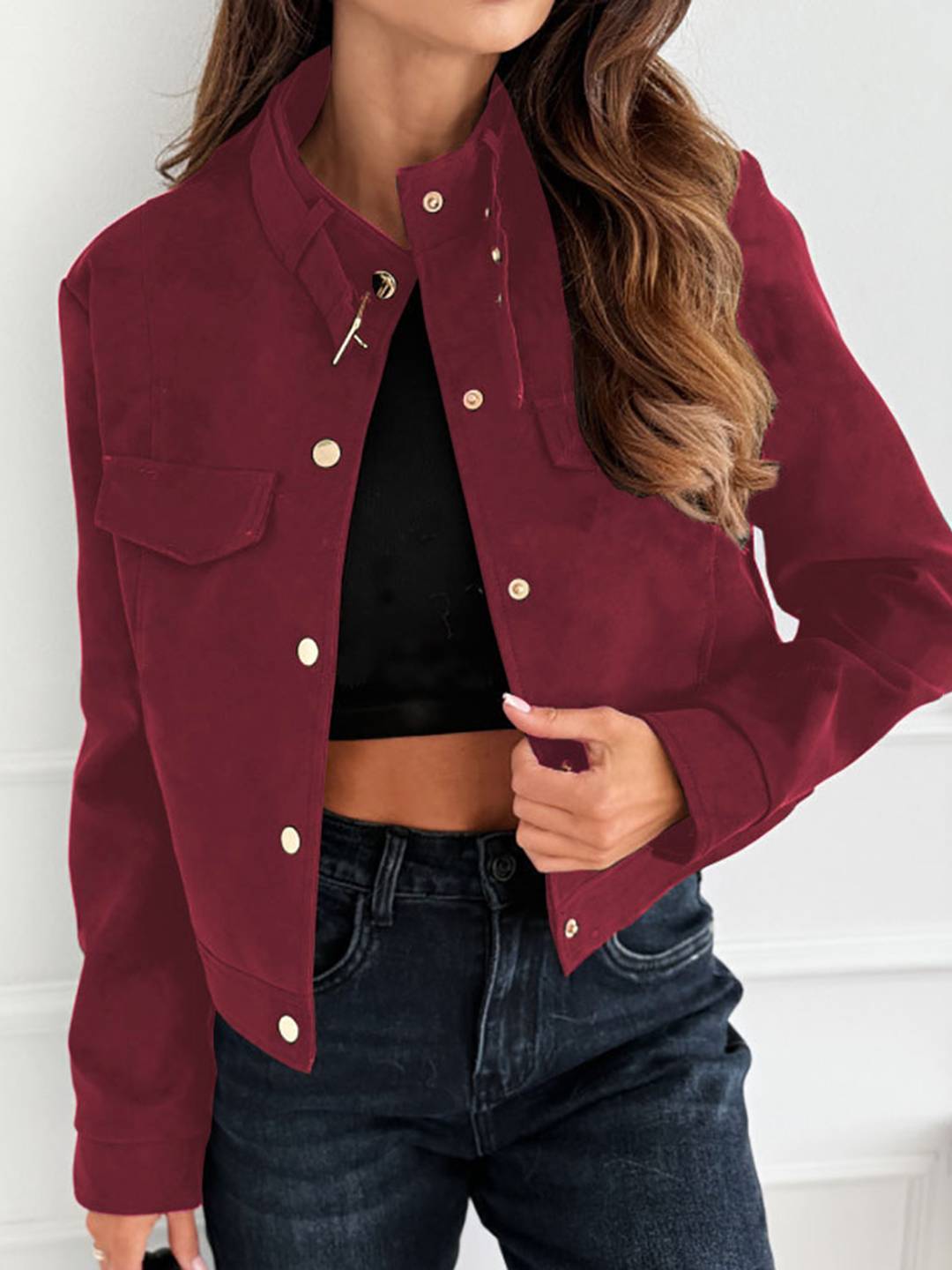 Cocolii court veste en daim femme boutonnage poches chunky buckle manches longues décontracté blouson en suedine
