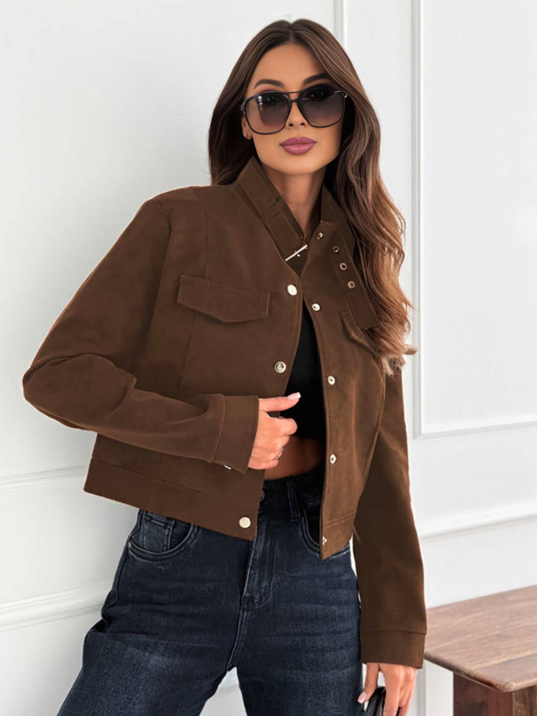 Cocolii court veste en daim femme boutonnage poches chunky buckle manches longues décontracté blouson en suedine