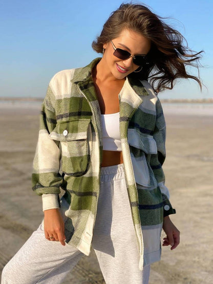 Cocolii mi-longue surchemise femme carreaux poches manches longues style boyfriend oversized décontracté vintage veste