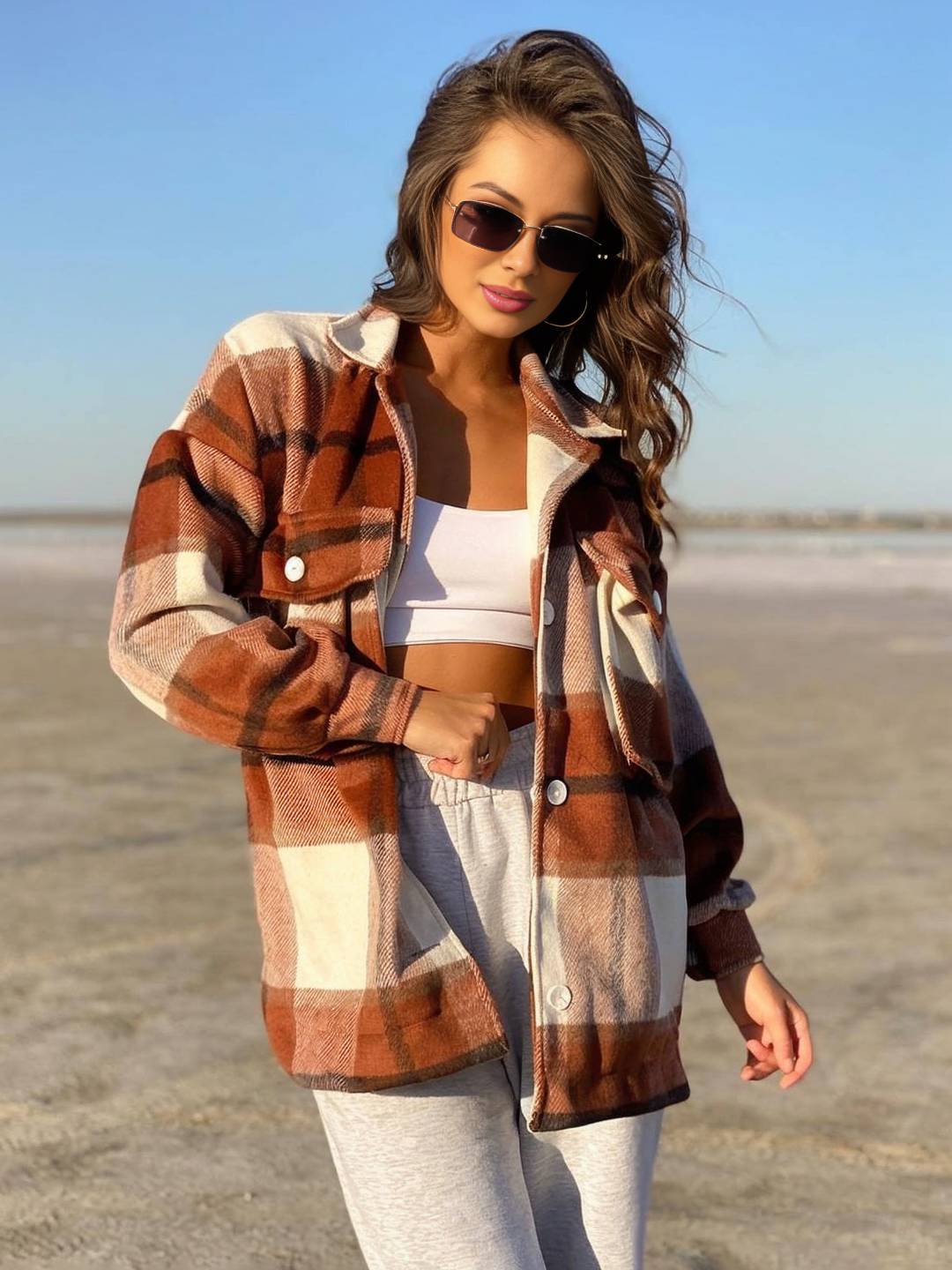 Cocolii mi-longue surchemise femme carreaux poches manches longues style boyfriend oversized décontracté vintage veste