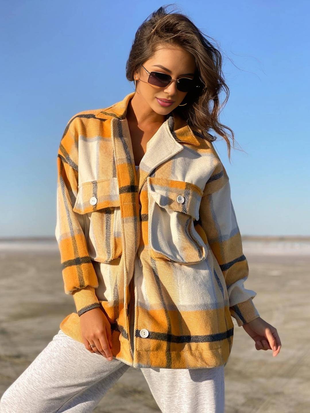 Cocolii mi-longue surchemise femme carreaux poches manches longues style boyfriend oversized décontracté vintage veste