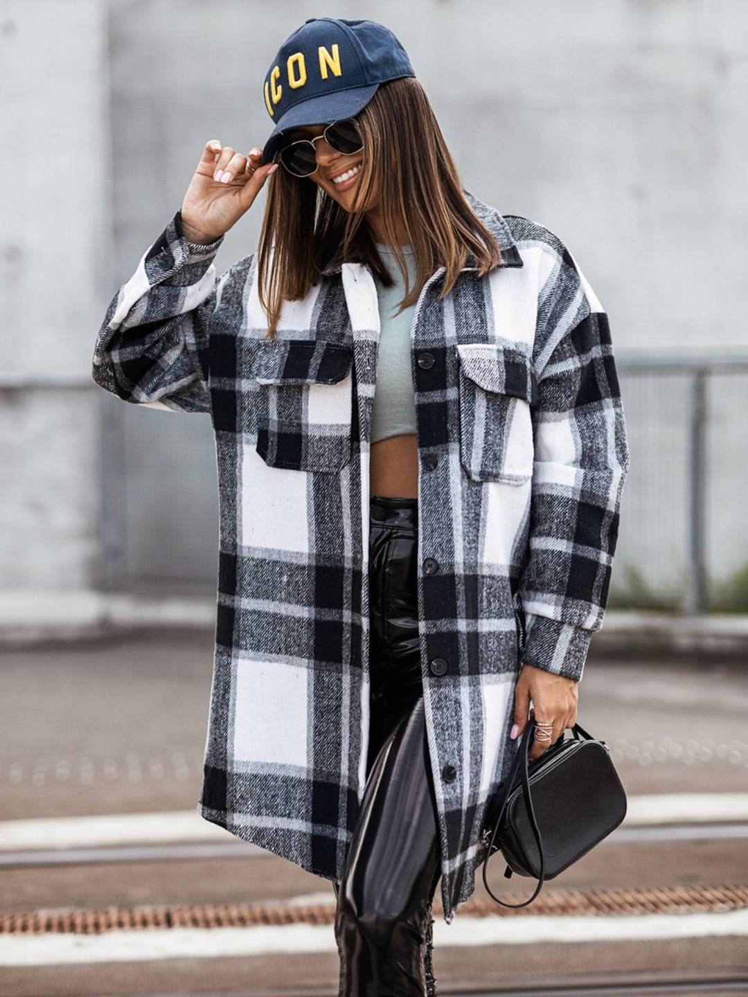 Cocolii mi-longue surchemise femme carreaux boutonnage poches manches longues oversize vintage décontracté veste