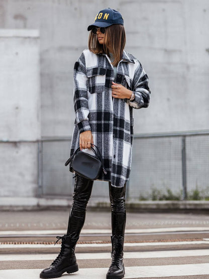 Cocolii mi-longue surchemise femme carreaux boutonnage poches manches longues oversize vintage décontracté veste