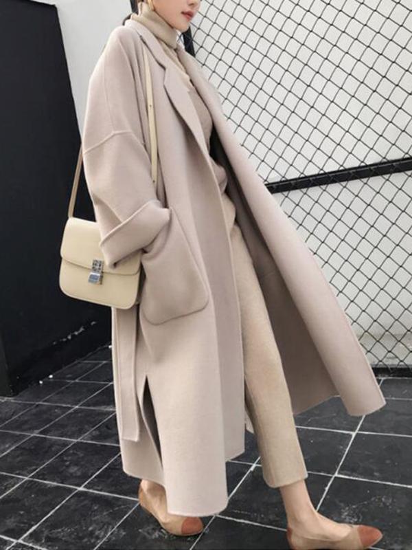 Cocolii longue manteau en laine fendu le côté ceinture femme veste abricot