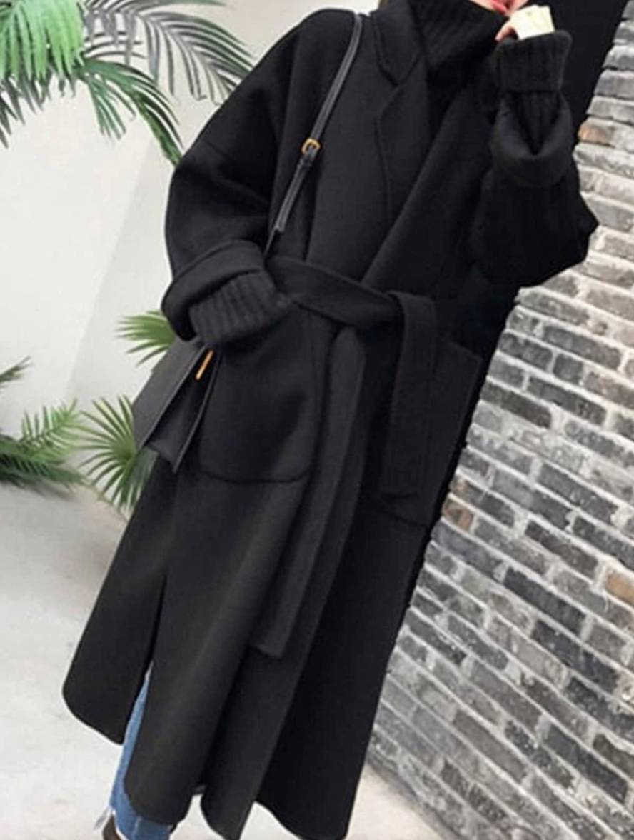 Cocolii longue manteau en laine fendu le côté ceinture oversized femme élégant veste