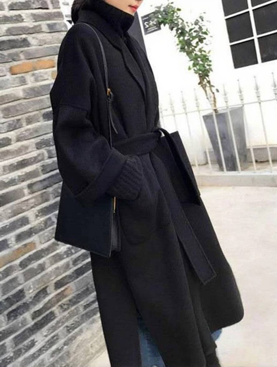 Cocolii longue manteau en laine fendu le côté ceinture oversized femme élégant veste
