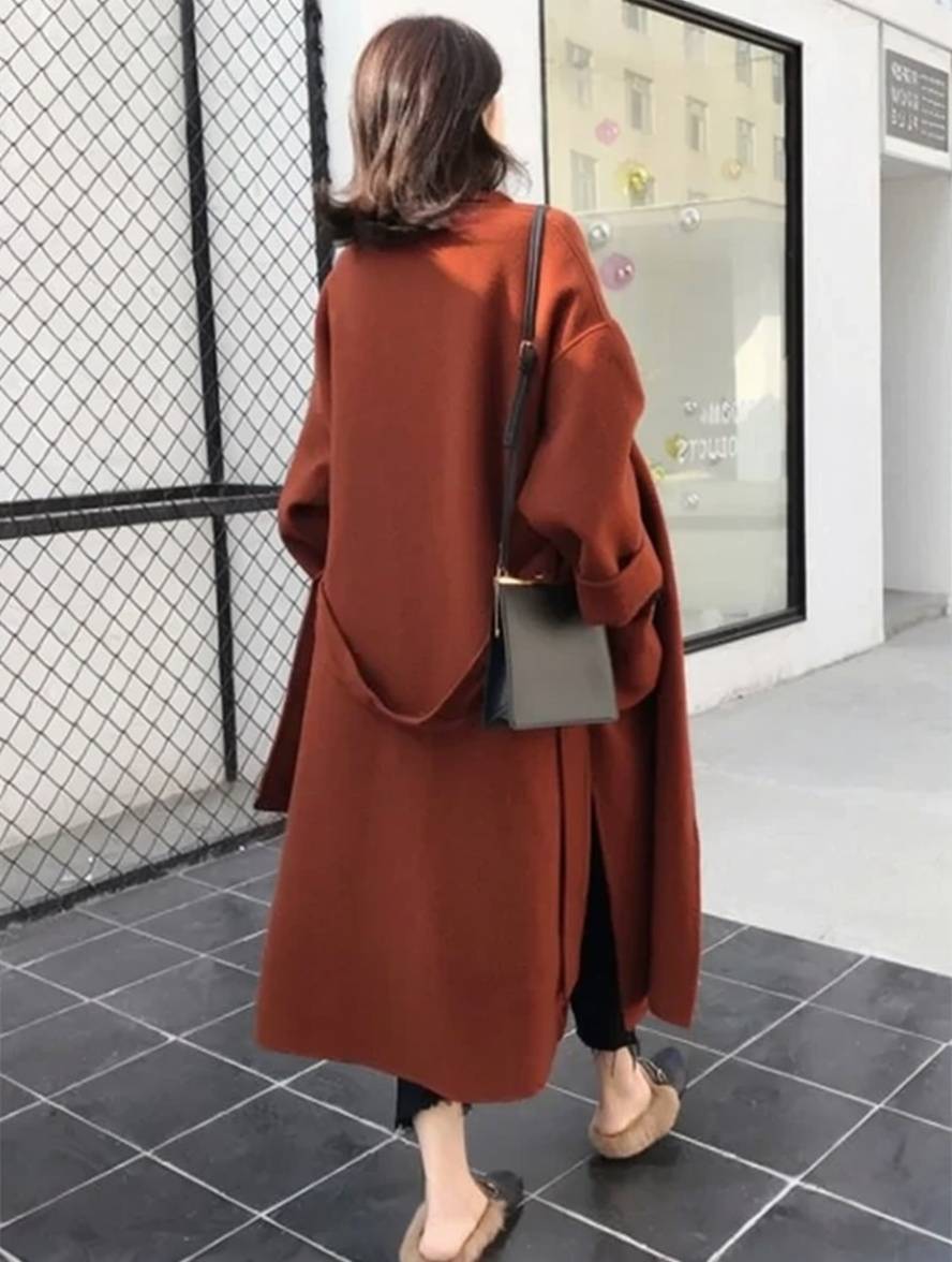 Cocolii longue manteau en laine fendu le côté ceinture oversized femme élégant veste