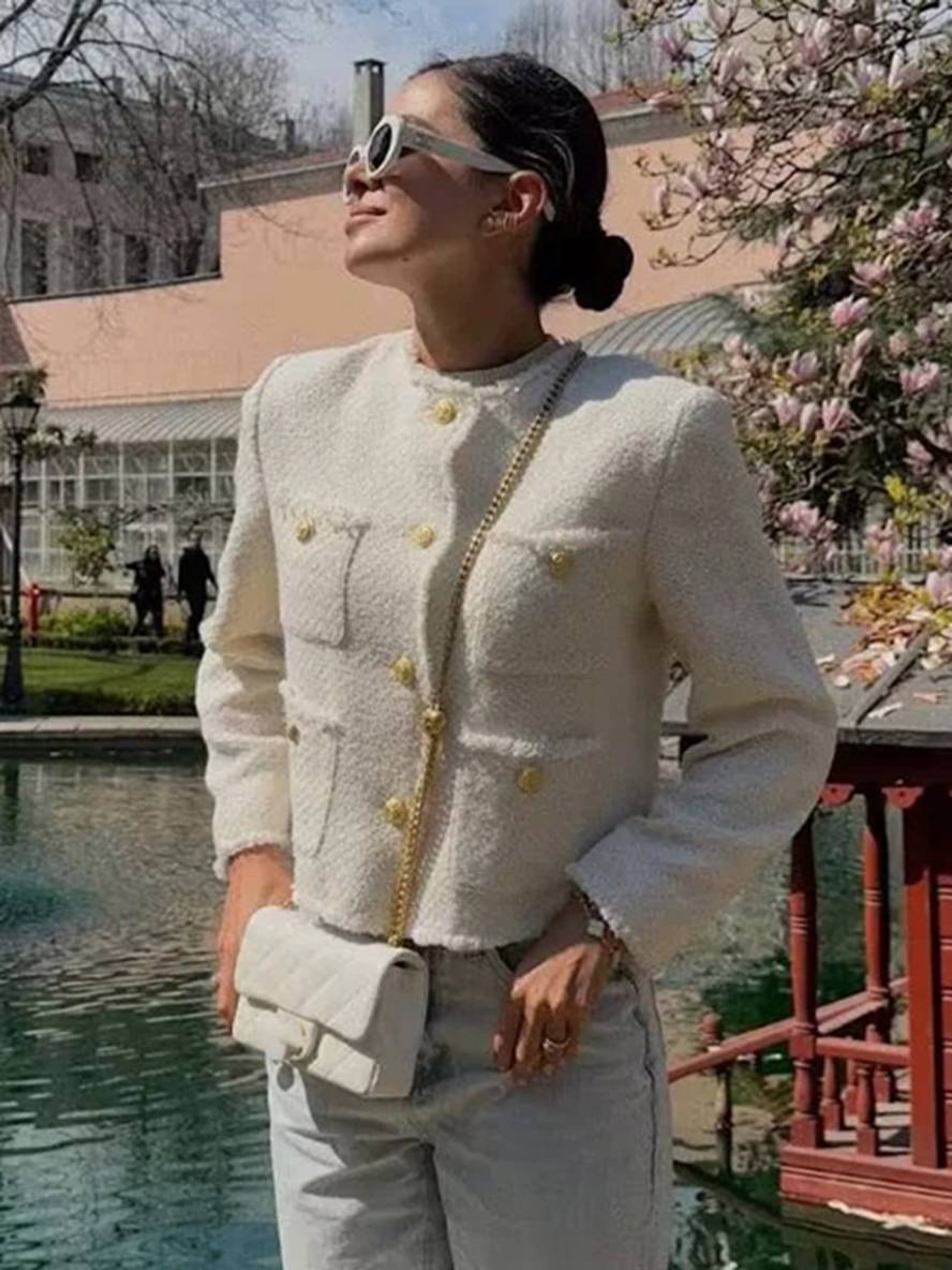 Cocolii veste en tartan de chameau pour femme boutonnage poches col rond manches longues femme élégant blazer