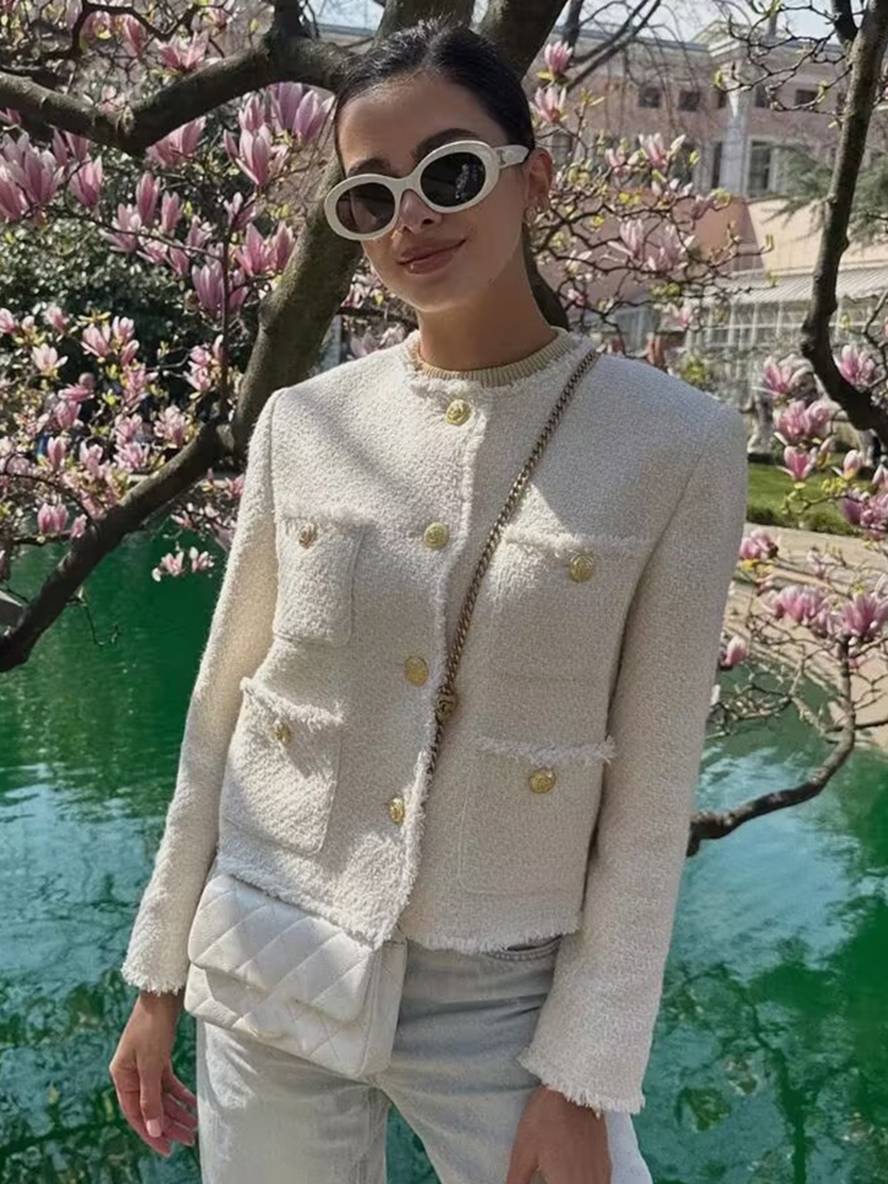 Cocolii veste en tartan de chameau pour femme boutonnage poches col rond manches longues femme élégant blazer