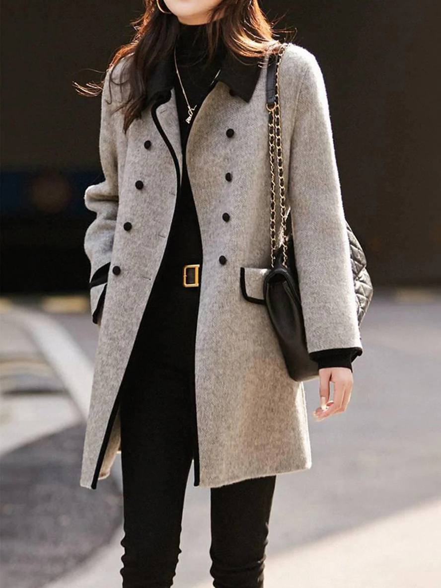 Cocolii mi-longue manteau en laine double boutonnage poches polo col manches longues femme élégant veste caban