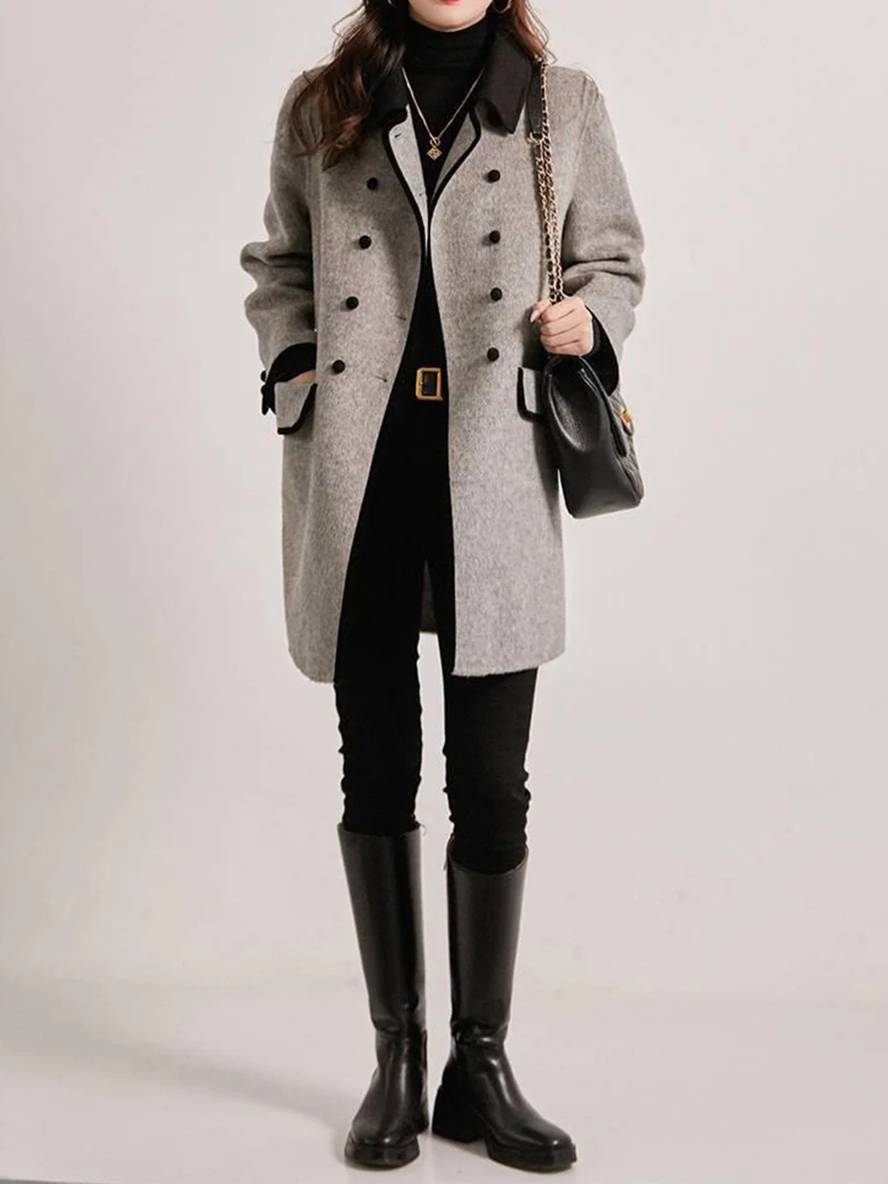 Cocolii mi-longue manteau en laine double boutonnage poches polo col manches longues femme élégant veste caban