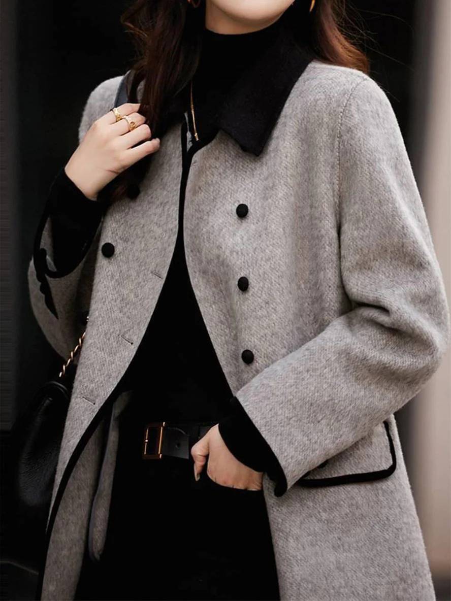 Cocolii mi-longue manteau en laine double boutonnage poches polo col manches longues femme élégant veste caban