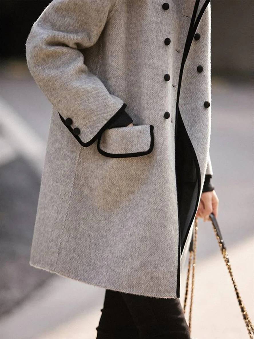 Cocolii mi-longue manteau en laine double boutonnage poches polo col manches longues femme élégant veste caban