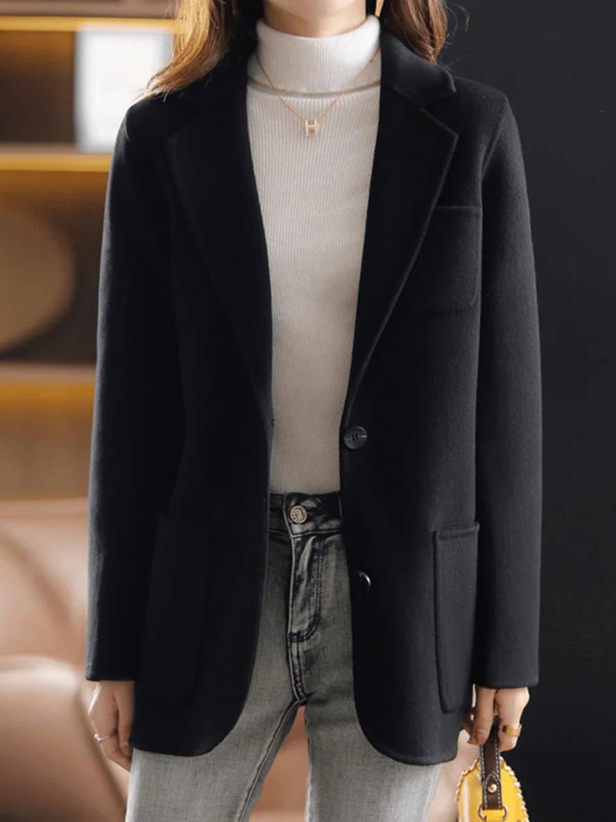 Cocolii manteau en laine unicolore boutons poches col revers manches longues hiver femme élégant blazer veste
