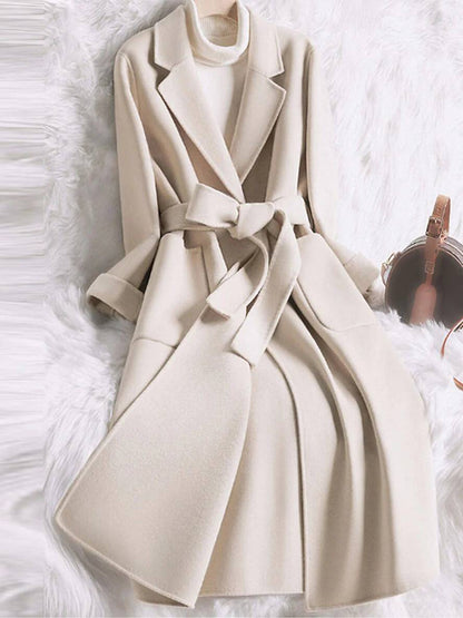 Cocolii longue manteau en laine coton poches ceinture col revers manches longues femme casual ample veste