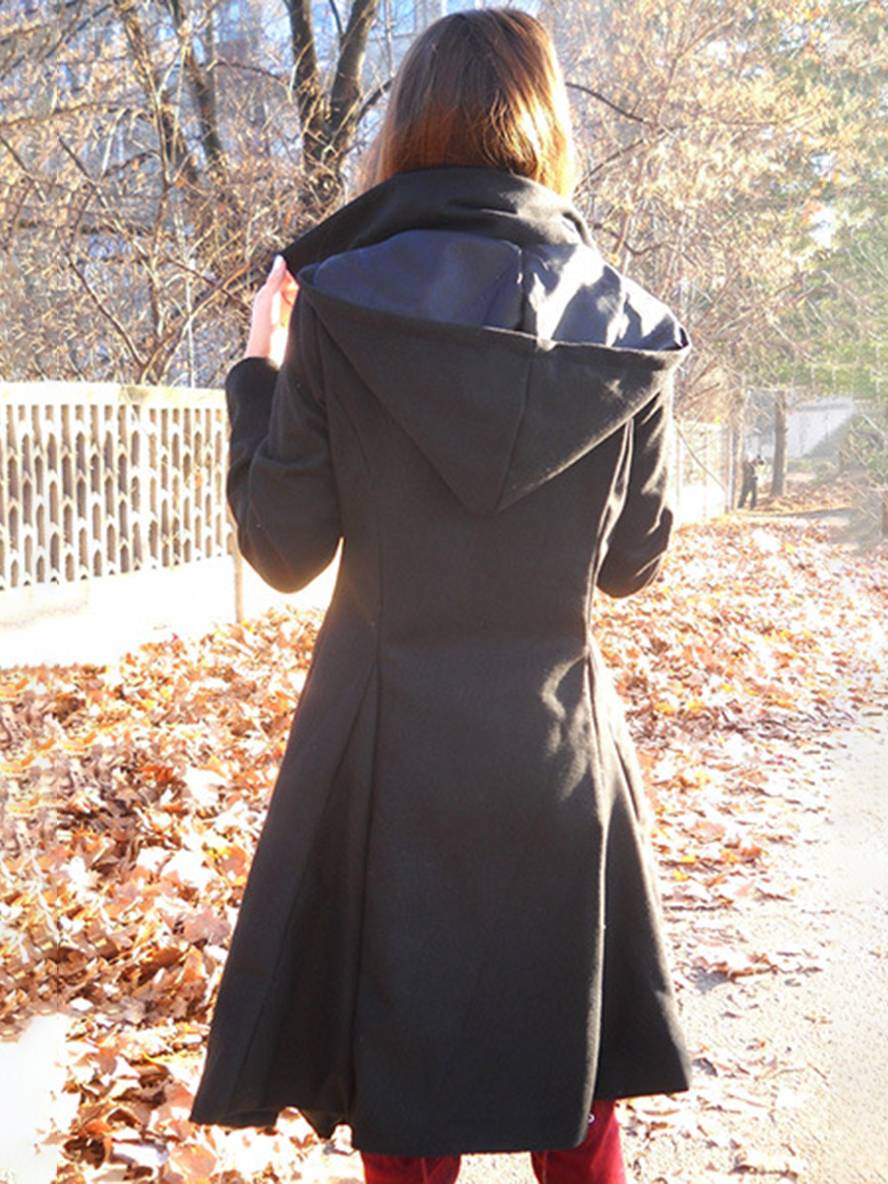 Cocolii mi-longue manteau en laine à capuche boutonnage femme élégant mode veste cape