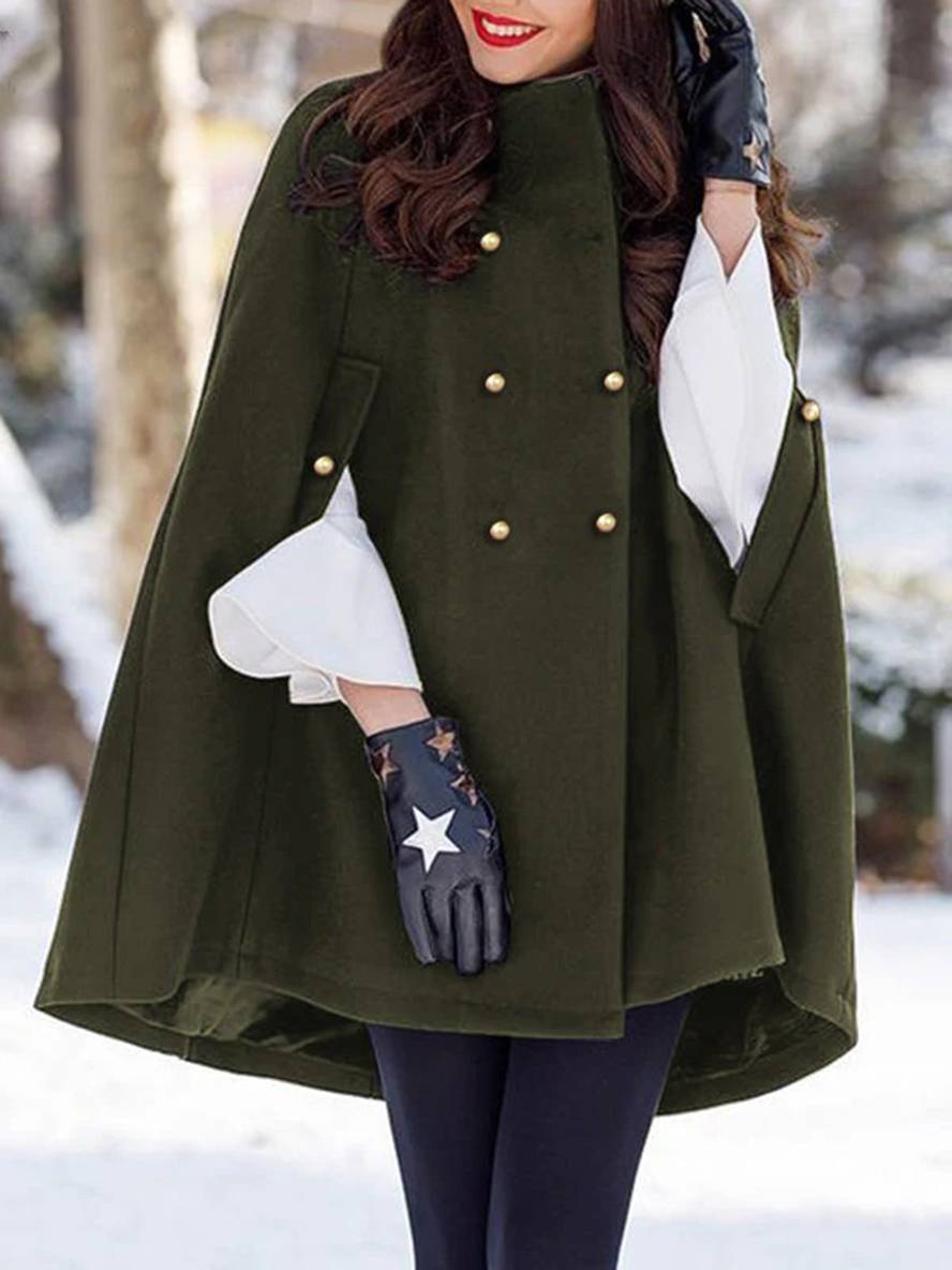 Cocolii poncho manteau en laine femme double boutonnage manches longues femme élégant cape vert armée