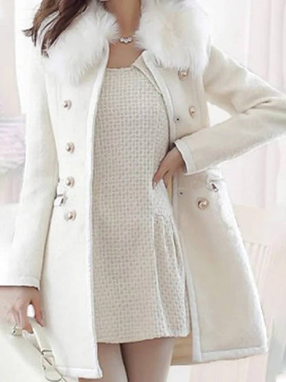 Cocolii manteau en laine double boutonnage fausse fourrure col femme blanche veste caban