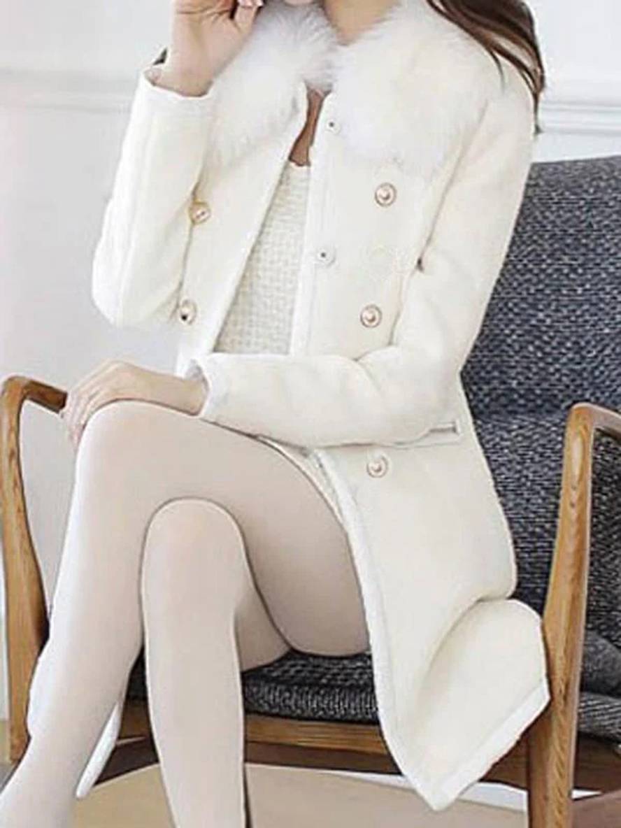 Cocolii manteau en laine double boutonnage fausse fourrure col femme blanche veste caban