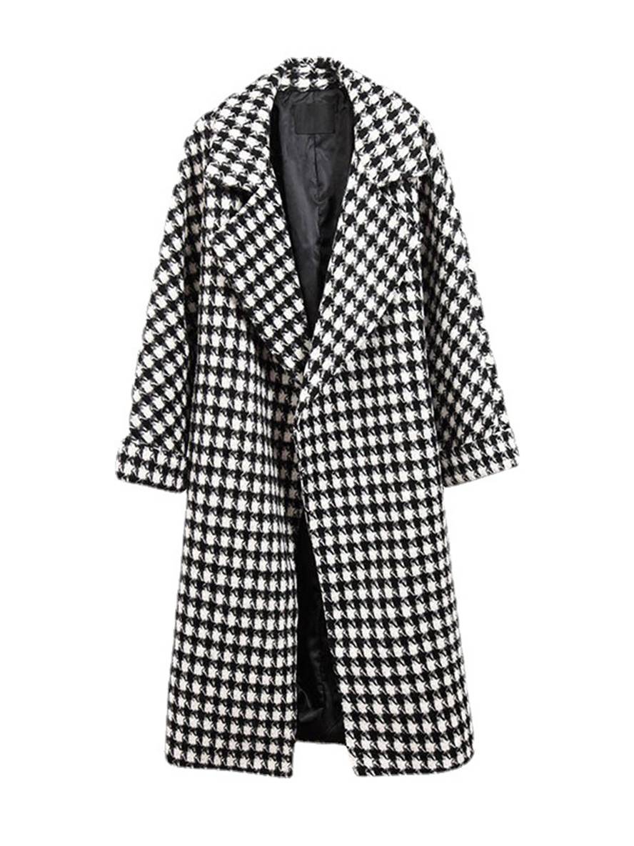 Cocolii longue manteau en laine pied de poule chaud poches femme élégant ample oversized décontracté hiver vêtements d'extérieur