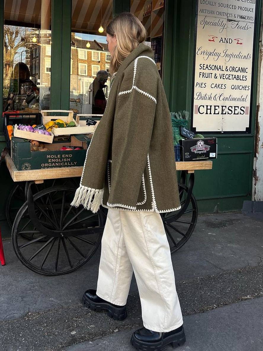 Cocolii manteau en laine veste en feutre à encolure frange écharpe boutonnage poches col rond femme élégant mode