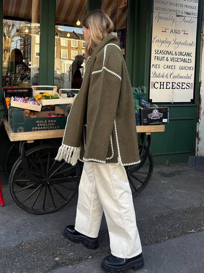 Cocolii manteau en laine veste en feutre à encolure frange écharpe boutonnage poches col rond femme élégant mode