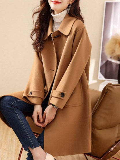 Cocolii mi-longue manteau en laine col revers poches manches longues femme élégant décontracté casual veste