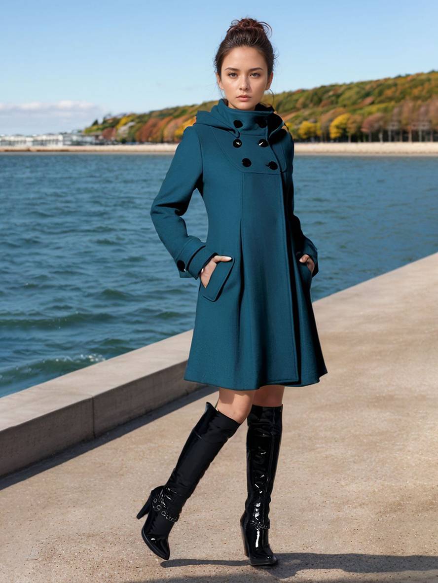 Cocolii manteau double boutonnage à capuche manches longues femme élégant décontracté