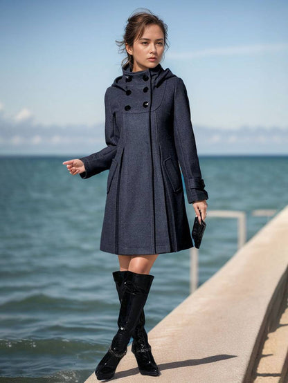 Cocolii manteau double boutonnage à capuche manches longues femme élégant décontracté