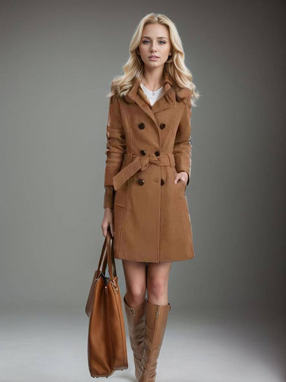 Cocolii manteau double boutonnage ceinture col montant manches longues femme élégant décontracté mode